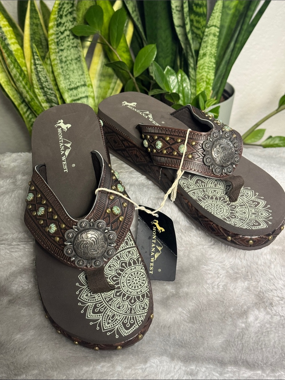 Montana West Brown Wedge Sandal with Metal Embellishments - Size 10